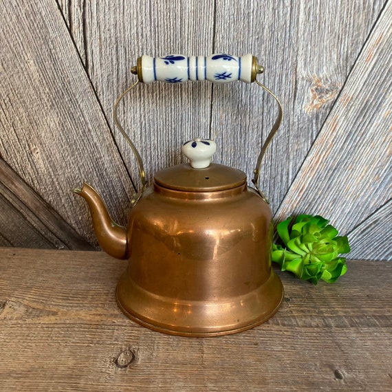 Vintage Tea Pot Tea Kettle Copper Color Cheerful Enamelware