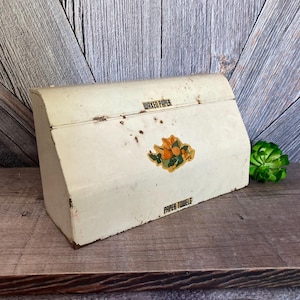 Vintage Paper Towel Holder, Waxed Paper, Kitchen Storage, Towel Holder Dispenser Hanger Cutter Organizer {Metal Rustic White}