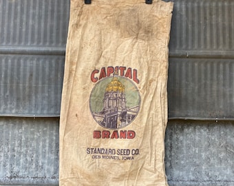 Vintage Capital Brand Seed Sack Cotton Muslin Sack Printed on one side Des Moines Iowa great project sack Standard Seed Co Iowa advertising.
