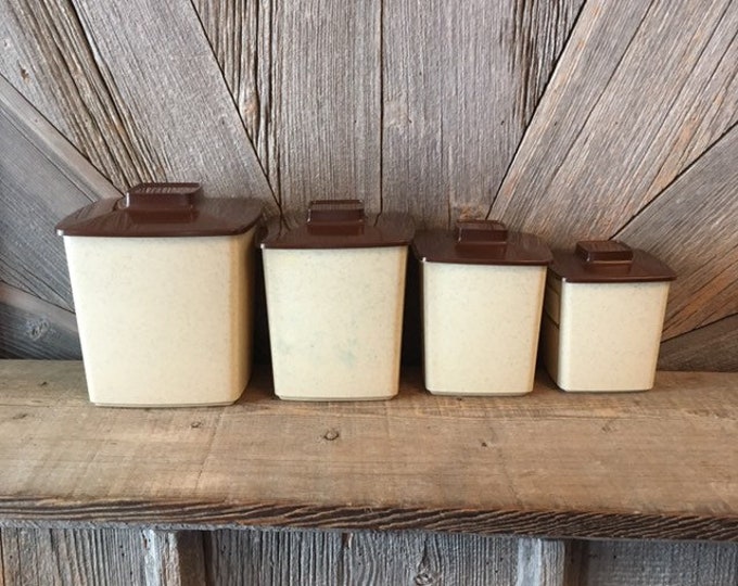 Vintage Brown Canister Set plastic Square Tan off White Etsy