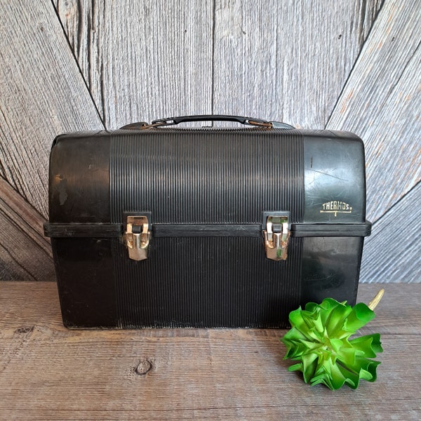 Vintage Black Domed Lunch Bucket Thermos Lunch Pail, Plastic Decorative, Storage, Mid-Century Storage DIY Photo Storage Lunch Box Office