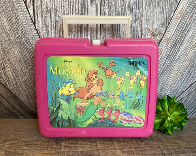 The Little Mermaid Lunch Box vintage Walt Disney Pink Plastic Lunch Box Ariel and Flounder