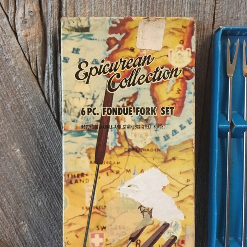 Wood Handles set 6 Fondue Forks {Six Vintage Fondue Forks} Colored Ends 70s Melted Cheese Melted Chocolate Skewer Sticks Stainless Steel