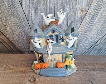 Vintage Halloween Partylite Haunted Tealight House P7311 {Halloween Town House Light Ceramic House} Halloween Village