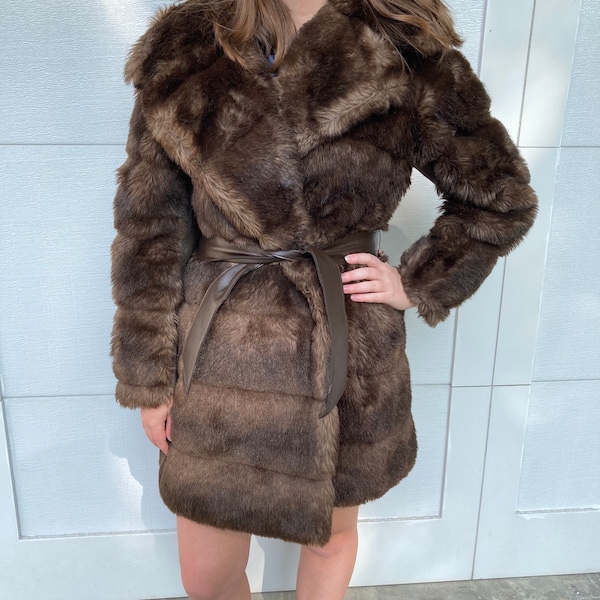 Vintage Schlampp's Fur Style VI Fur Jacket Trench Long Coat Fur Mink? Brown Fall Coat Women's Knee-Length Quality New York Jacket