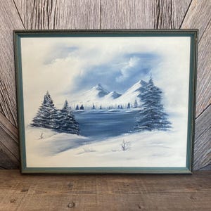 Vintage Winter Mountain Painting {Large winter snow Painting} Vintage framed Handmade Nature Picture 21 x 19 Painting Handpainted Landscape