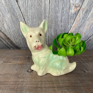 Vintage Dog Planter Tan Ceramic Pot {Indoor Plant Ceramic Pot for Succulent, House Plants Terrier Puppy Planter Large Animal Planter