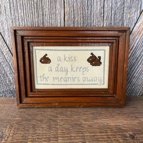 Vintage Kiss Cross Stitch Embroidery {Handmade A Kiss A Day Keeps the Meanies Away Hanging Picture} Embroidered Wall Hanging Girlfriend Gift