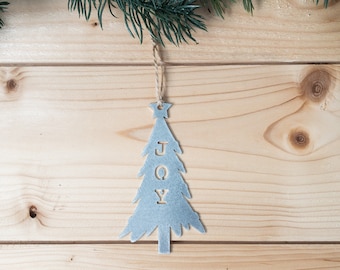 JOY Christmas Tree Ornament - Steel - Evergreen Tree - Winter Holiday Decor - Rustic Farmhouse Christmas Tree - Stocking Stuffer - Host Gift