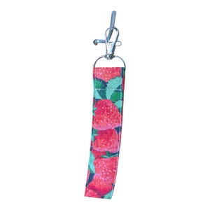 Strawberry Keychain Wristlet with Lobster Clasp - 6” Fabric Key Fob - Zipper Pull for Bags - Handmade Cotton Key Holder - Gift for Her