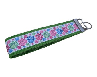 Paw Prints Keychain Wristlet, Handmade Boho Accessory, Key Fob, Sturdy Accessories, Gift Item, Mom Teacher Present, Sweet 16, Zipper Pull