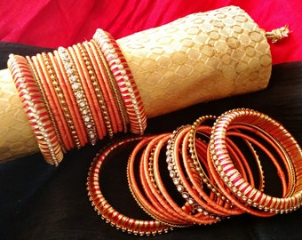 Silk Thread Jewelry • RED, ORANGE & GOLD • A set of 30 Handmade Silk Thread Woven Bangles • Indian Wedding Jewelry Favor • Return Gifts