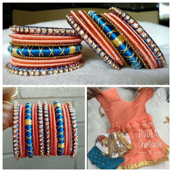 Kids Bangles - Silk Thread Bangles ~ Pastel Orange, Blue and Gold - A set of 18 Handmade Silk Thread Bangles. Toddler stacked bangles