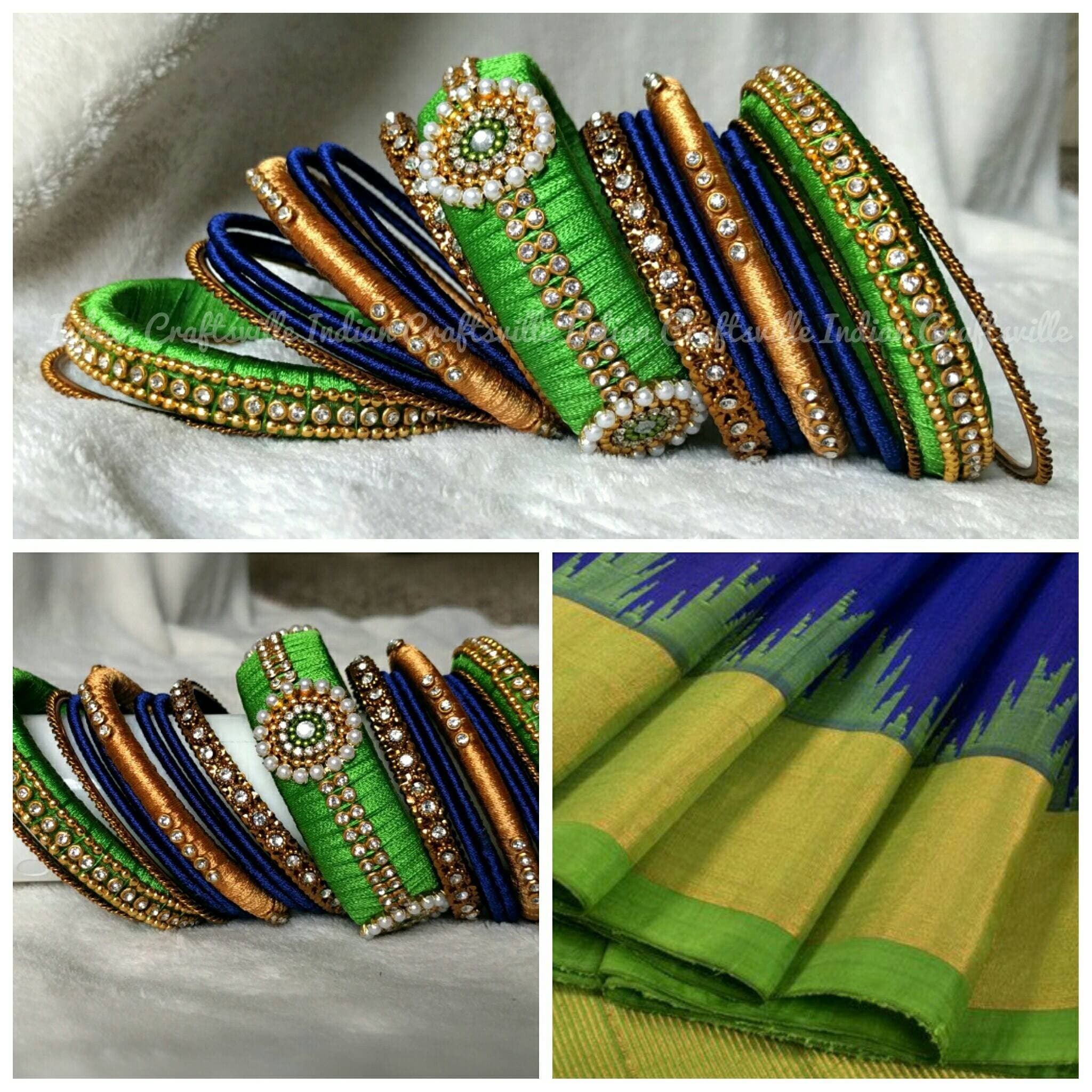38 Silk Thread Bangles Full Set Royal Blue Light Green Gold