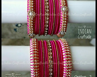 Indian Silk Thread Bangles • Set of 26 Hot pink Indian Wedding Bangle • Sari Bangle • Indian Silk Jewelry • Bridesmaid gift •Lehanga Jewelry