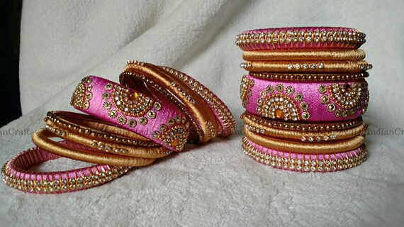 Silk thread bangles pink and gold online