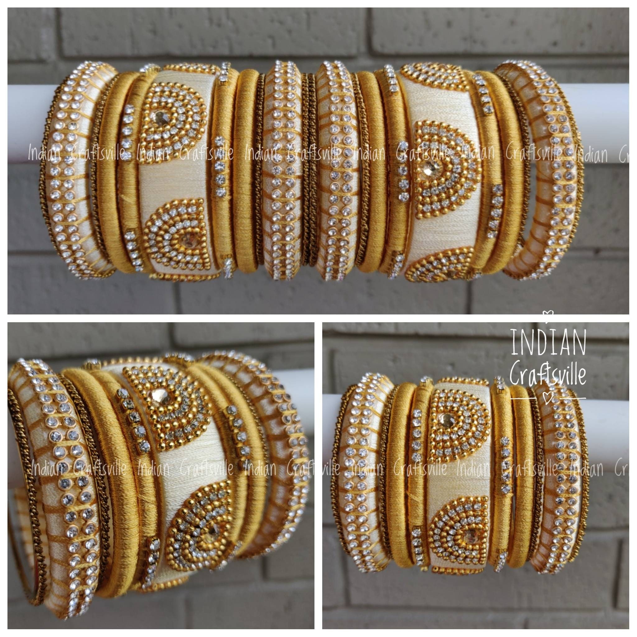 Designer Handmade Indian Silk Thread Bangles Pearl White Gold