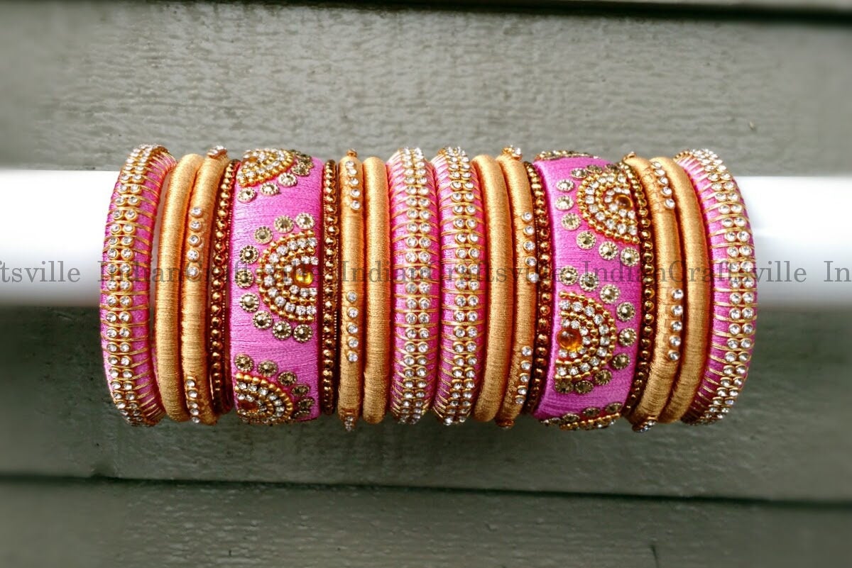 Baby Pink & Gold Silk Thread Bangles Set of 18 Ethnic Indian - Etsy