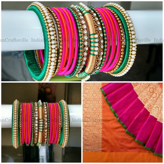 38 Silk Thread Bangles for Both Hands Indian Jewelry Hot Pink