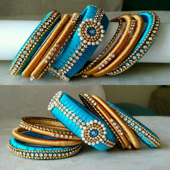 Fancy Silk Thread Bangles BLUE and GOLD A Set of 18 Handmade Silk Bangles  Ethnic Indian Sari Jewelry Return Gifts Bridal Jewelry 