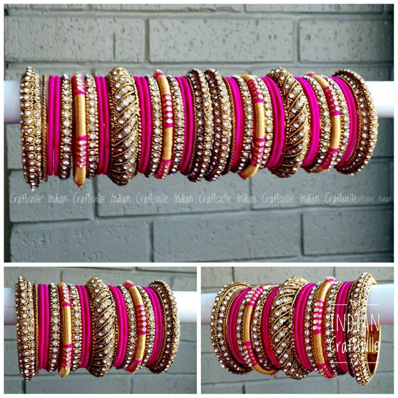 Silk Thread Bangles Set of 38 Bangles for Both Hands Pink Gold