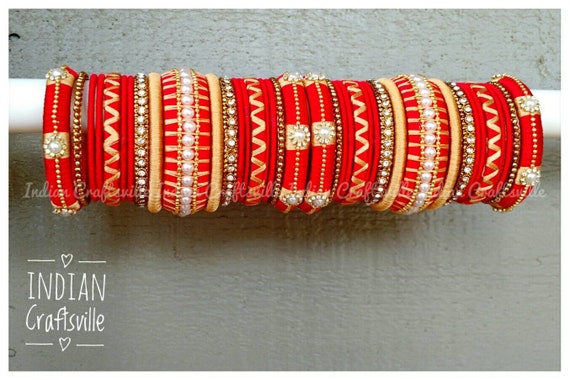 Silk Thread Bangles Set of 38 Handmade RED and GOLD Bridal Bangles