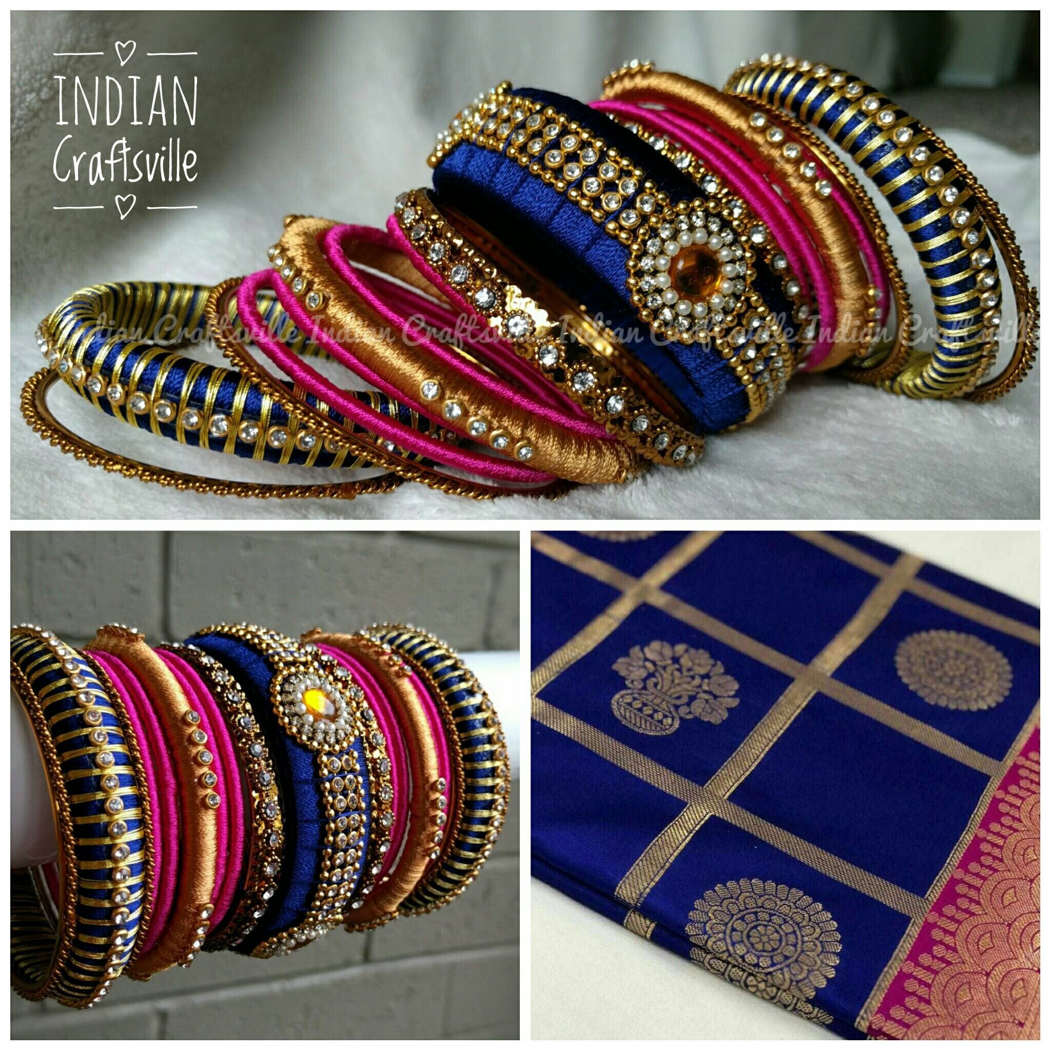 Silk Thread Jewelry Indian Bangles Royal Blue and Hot Pink Set of