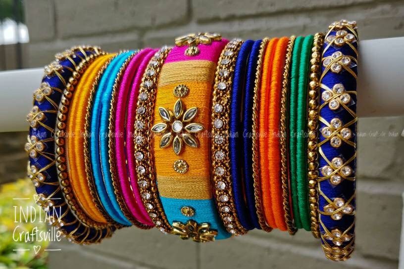 Silk Thread Bangles Set of 46 Indian Bridal Kundan Bangles MULTI