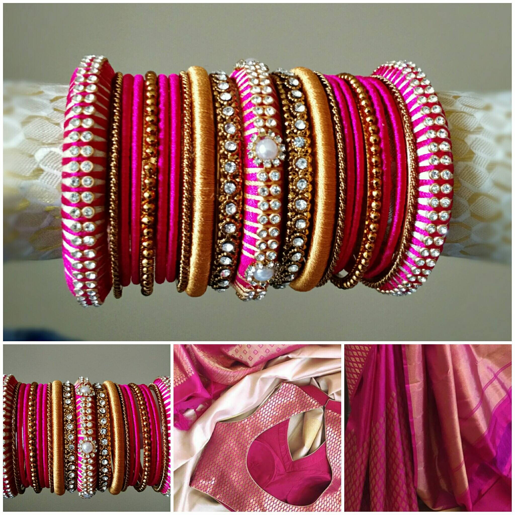 Silk thread bangles pink and gold deals