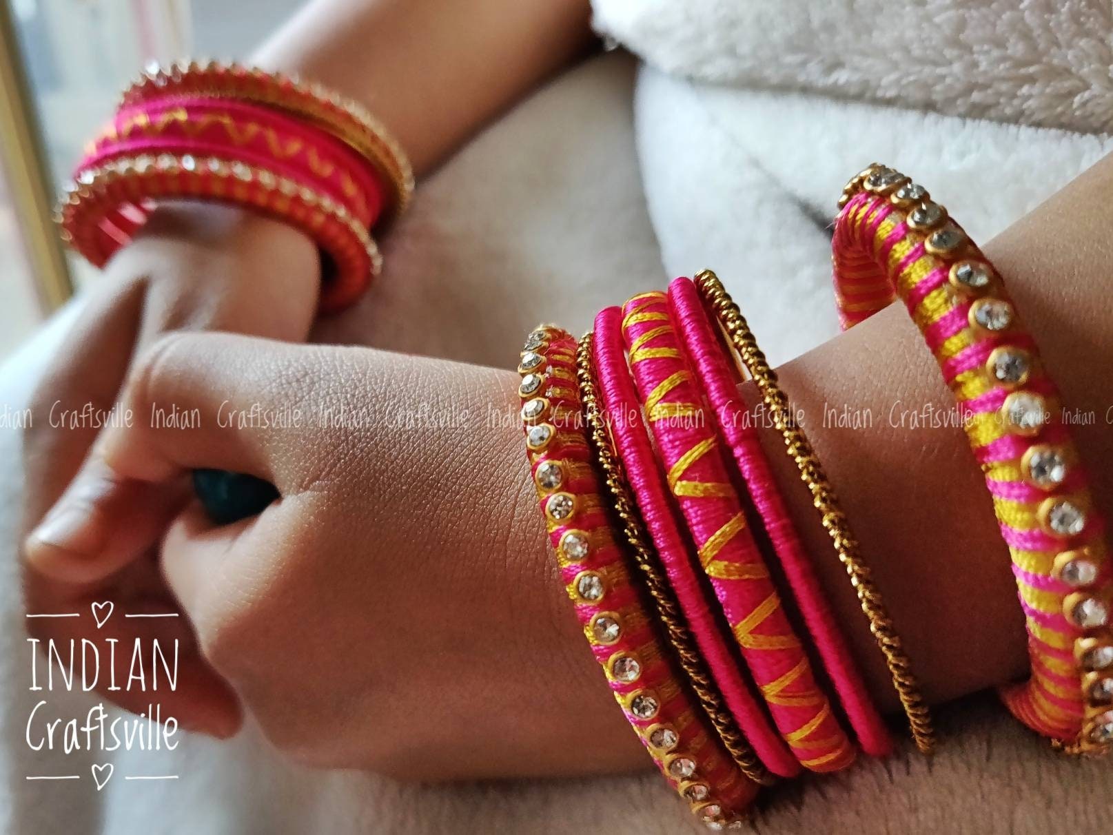 Kids Bangles Silk Thread Bangles Peachy Pink and Gold A Set of 14