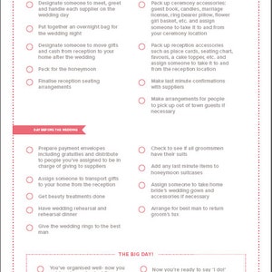 May include: A checklist for wedding planning with tasks organized by week and day before the wedding. The checklist includes tasks such as designating someone to meet with suppliers, packing ceremony accessories, and finalizing reception seating arrangements.