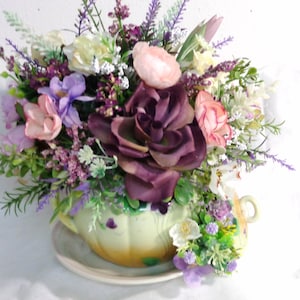 Vintage Floral Teapot Purple Floral Centerpiece Arrangement-Eggplant Purple Rose Teapot Centerpiece-by Floramiagarden