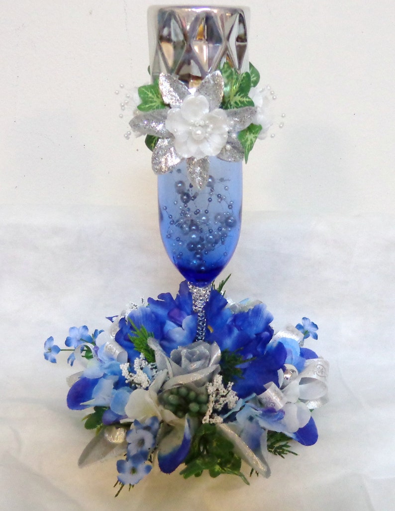 Blue Silver Tabletop Candle RingFloral ArrangementCandle Etsy