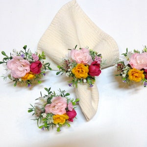 Set of 4 Napkin Rings Holders-Spring/Summer-Flower Bouquet Pink Yellow Rose Napkin Ring Holders-Table Decor-by Floramiagarden
