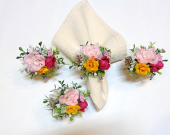 Set of 4 Napkin Rings Holders-Spring/Summer-Flower Bouquet Pink Yellow Rose Napkin Ring Holders-Table Decor-by Floramiagarden