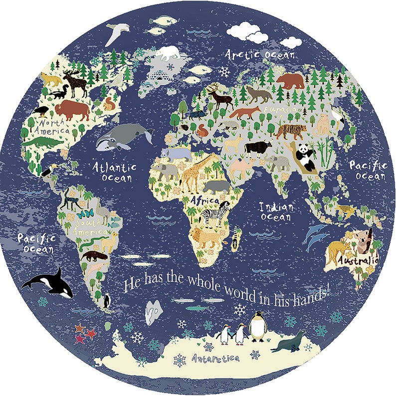 Navy Blue Nursery World Map Round Rug Animal Carpet Floor Mat Personalized Bright Colors