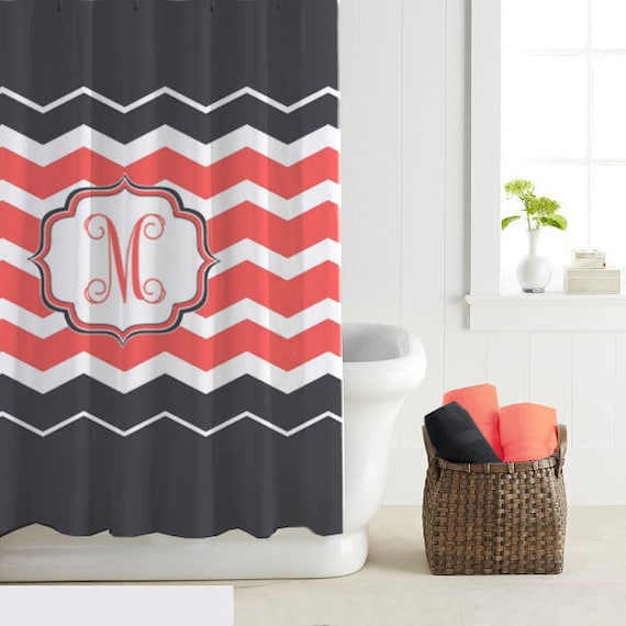 Chevron Shower Curtain Coral White And Charcoal Any Stall Etsy