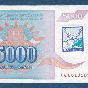 5000 dinarów 1994. Banknoty Jugosławii, znaczek PTT samolot Jugosławia!