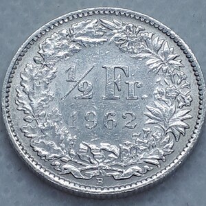 1/2 Franc / Franken / Franco 1962. Switzerland silver coin, HELVETIA, Original !