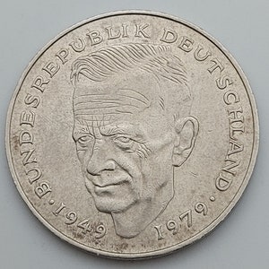 2 Deutsche Mark 1989. Kurt Schumacher, Germany vintage coin 2 DEM 1989.