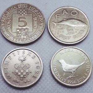 Commemorative coins in Croatia, 5 Kuna + 2 Kune + 1 Kuna - 4 Pcs, Original coin !