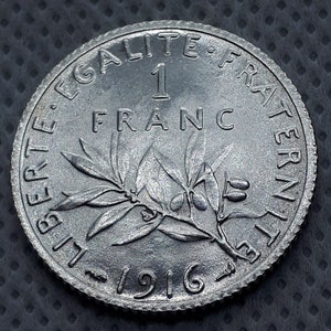 1 Franc 1916. France silver coin, REPUBLIQUE FRANÇAISE Original silver coin image 1