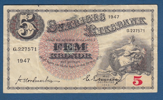 Schweden Banknoten 5 Kronen 1947 Fem Kronen Sweriges Etsy
