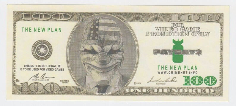 Payday 2 100 Dollar Bill / Note Fake from Gamescom 2014 | Etsy
