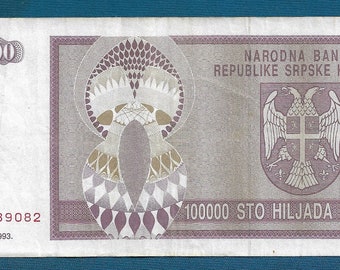 100000 Dinara 1993. Croatian banknotes, Republic of Serbian Krajina, Knin 1993. Original banknotes