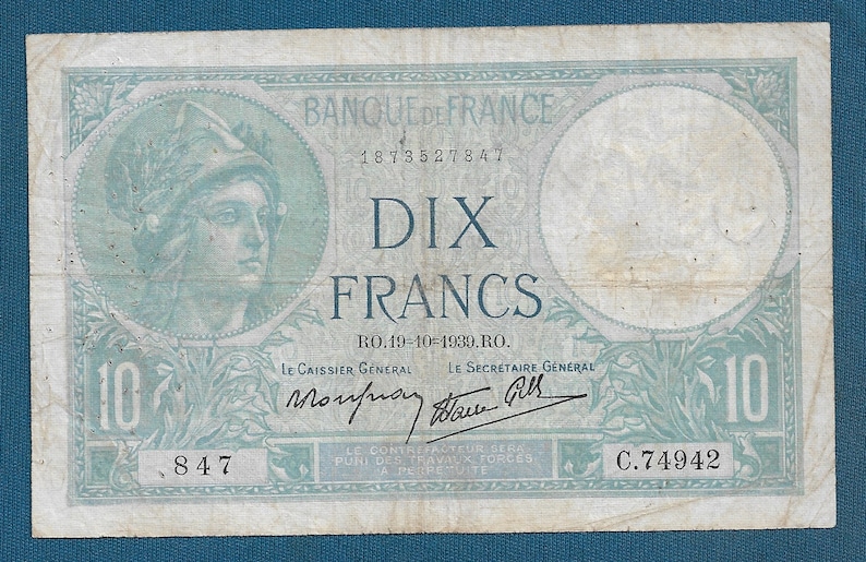 10 Francs 1939. France Banknotes, Dix Francs Banque De France, Original Banknote Etsy