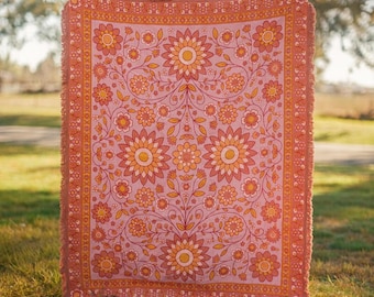 Woven Recycled Cotton Picnic Rug: Pink Flower Boho Floral Throw PIcnic Blanket