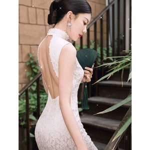 Asian Chinese White Modernised  Wedding  Bridal Open Back Sleeveless Lace Cheongsam Qipao Dress| Mandarin Collar Frog Buttons|Tea Ceremony