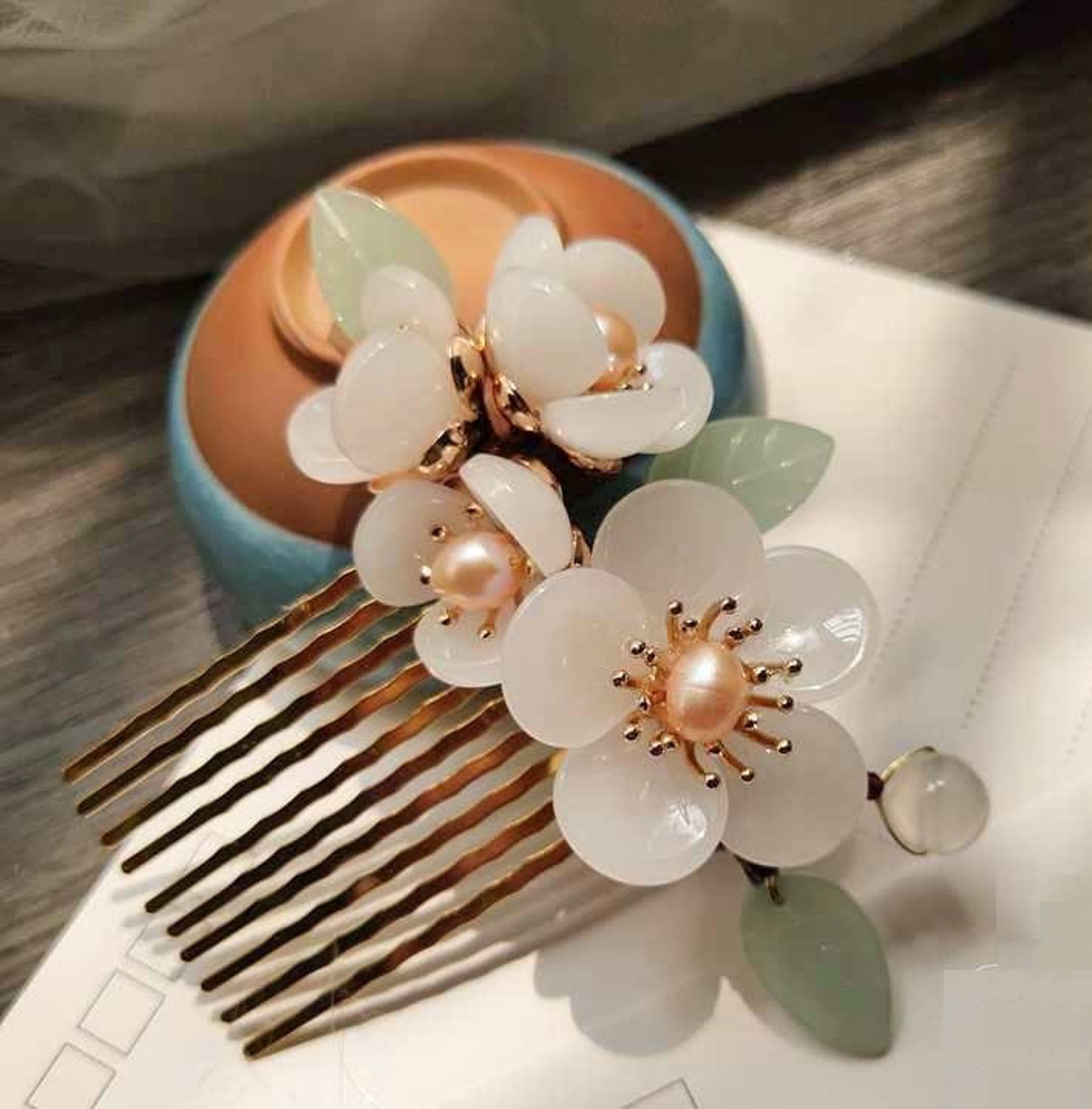 Oriental Asian Chinese Jade look alike Floral Hairpiece