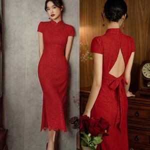 White/Red Lace Open Back Cheongsam Qipao Dress| Mandarin Collar| Oriental Dress|Chinese Dress